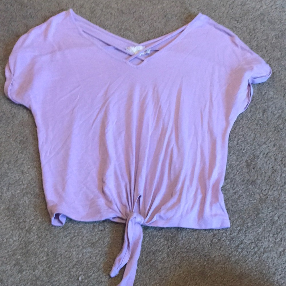 lilac cross front and tie front tee